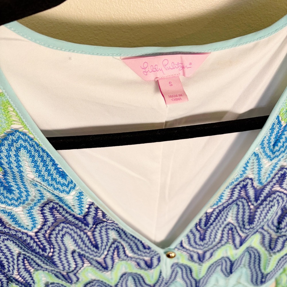 Lilly Pulitzer Dress S Blue Green Chevron Crochet Lace Maxi 3/4 Sleeve V-Neck - Picture 7 of 8